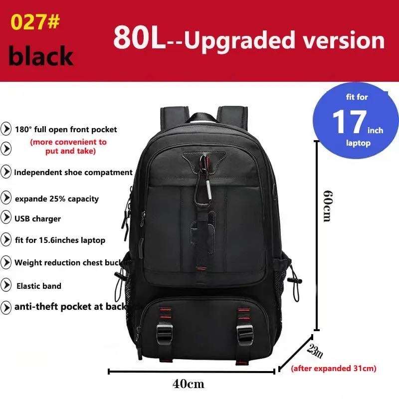 Super Large Capacity (80L) Men Shoulder Bag USB Charging Port Separate Shoe Compartment