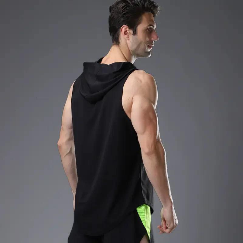 Mens Gym Tank Top Quick Drys Sleeveless Hoodie Men Bodybuilding Workout Stringer Shirt Running Vest Hooded T-shirt