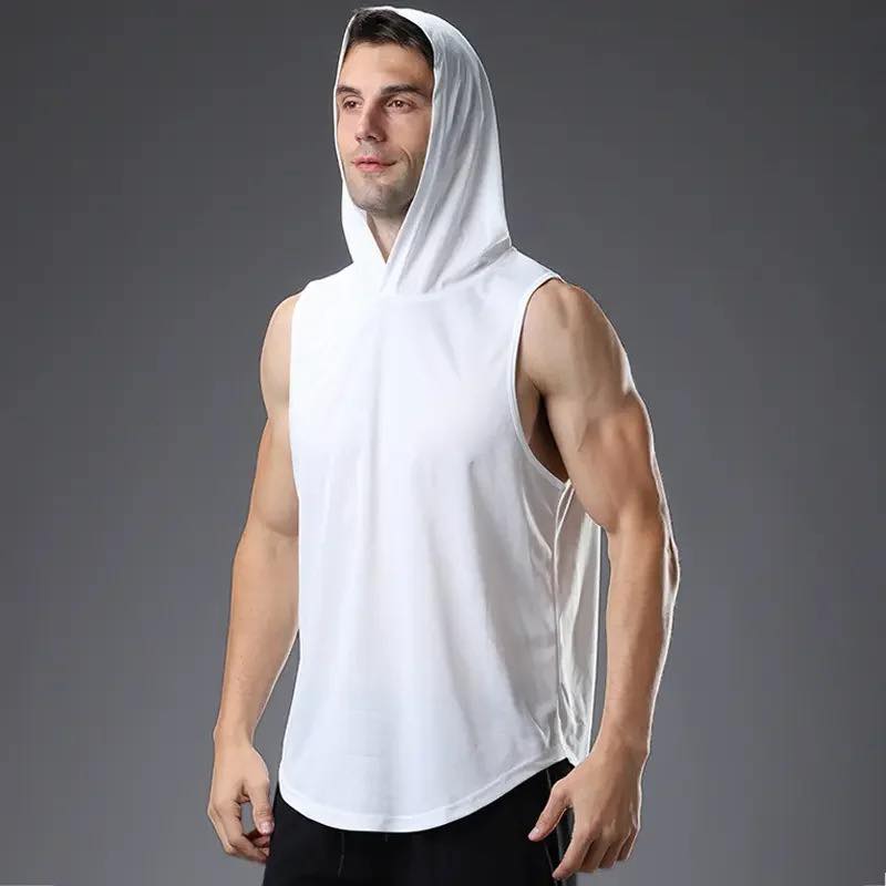 Mens Casual Solid Color Sleeveless Hooded Sweatshirt Quick Dry Breathable Sweatshirt