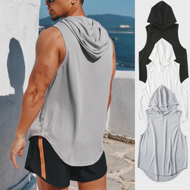 Mens Casual Solid Color Sleeveless Hooded Sweatshirt Quick Dry Breathable Sweatshirt