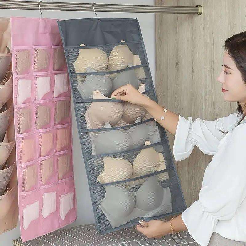 Dual Sided Wall Shelf Wardrobe Storage Hanging Organizer with Mesh Pockets Metal Hanger,Cloth Space Saver Bag for Bra Underwear