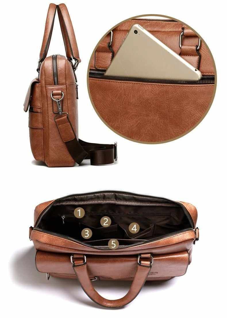 Men Business Briefcase pu Leather Bag 13.3 inch Laptop Case Handbag Shoulder Bag Retro Briefcase 38cmX30cm
