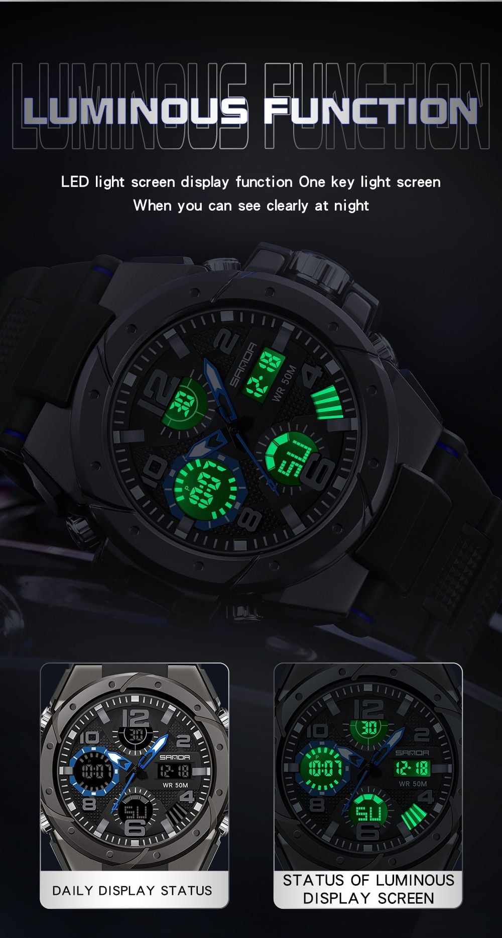 Mens Sports Watch Digital Watches Waterproof Digital Military Watches with Alarm Large Dial Watches Black Body with Blue Hand
