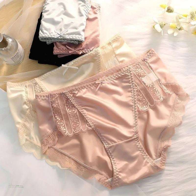 Lightweight Ice Silk Underwear Satin Soft Sexy Panties Mid Waist Smooth Bow Lingerie Women