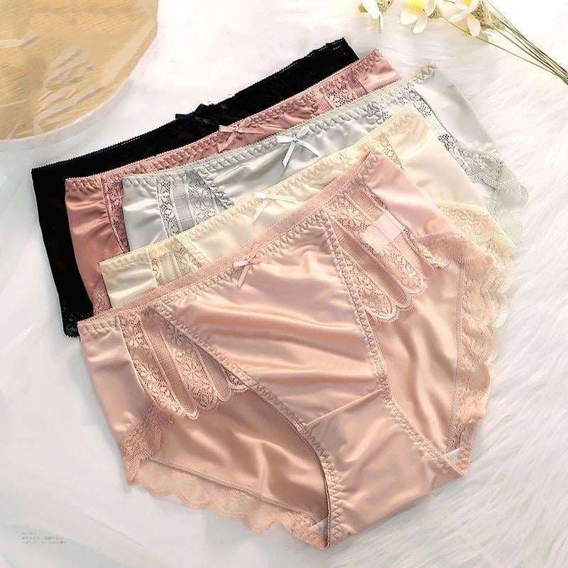 Lightweight Ice Silk Underwear Satin Soft Sexy Panties Mid Waist Smooth Bow Lingerie Women