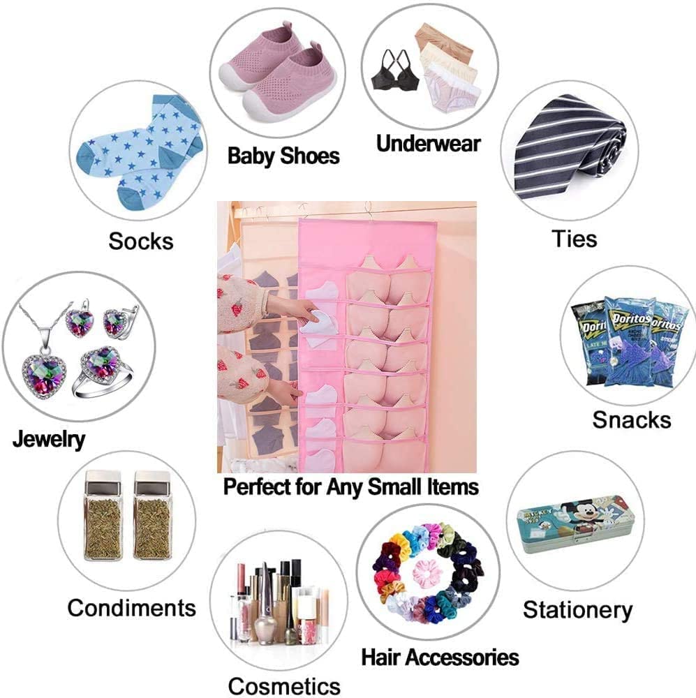 Dual Sided Wall Shelf Wardrobe Storage Hanging Organizer with Mesh Pockets Metal Hanger,Cloth Space Saver Bag for Bra Underwear
