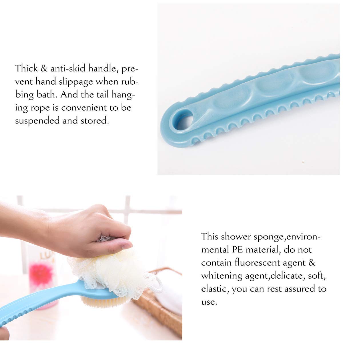 2 IN 1 loofah with handle, Bath Brush, back scrubber, Bath Brush with Soft Comfortable Bristles And Loofah with handle