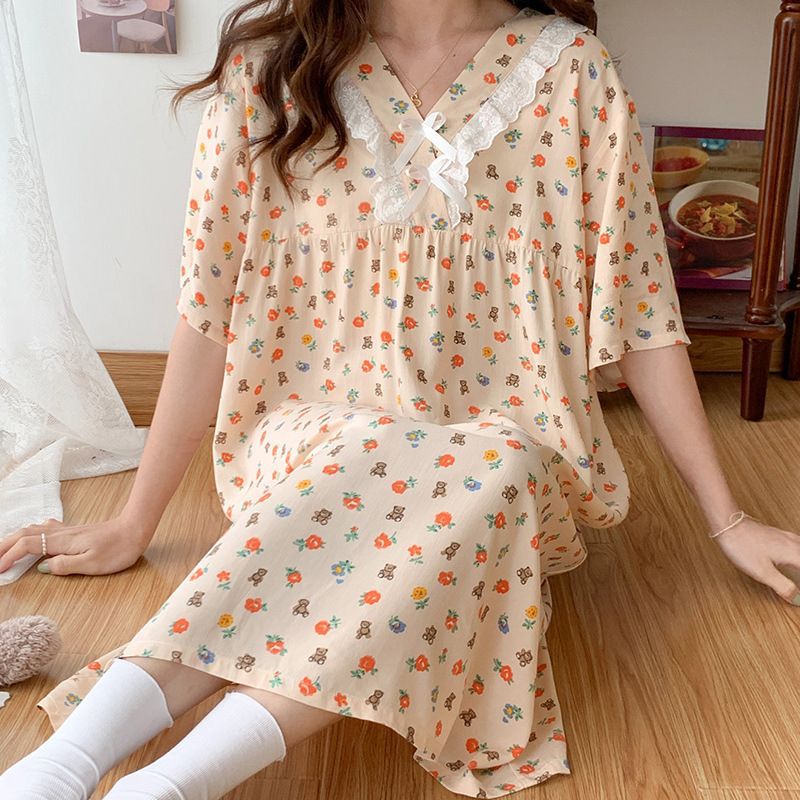 Nightgown Pajamas Nightgowns For Women Short Sleeves Sleepwear Large Size Print Loose Cotton Sleep Dress
