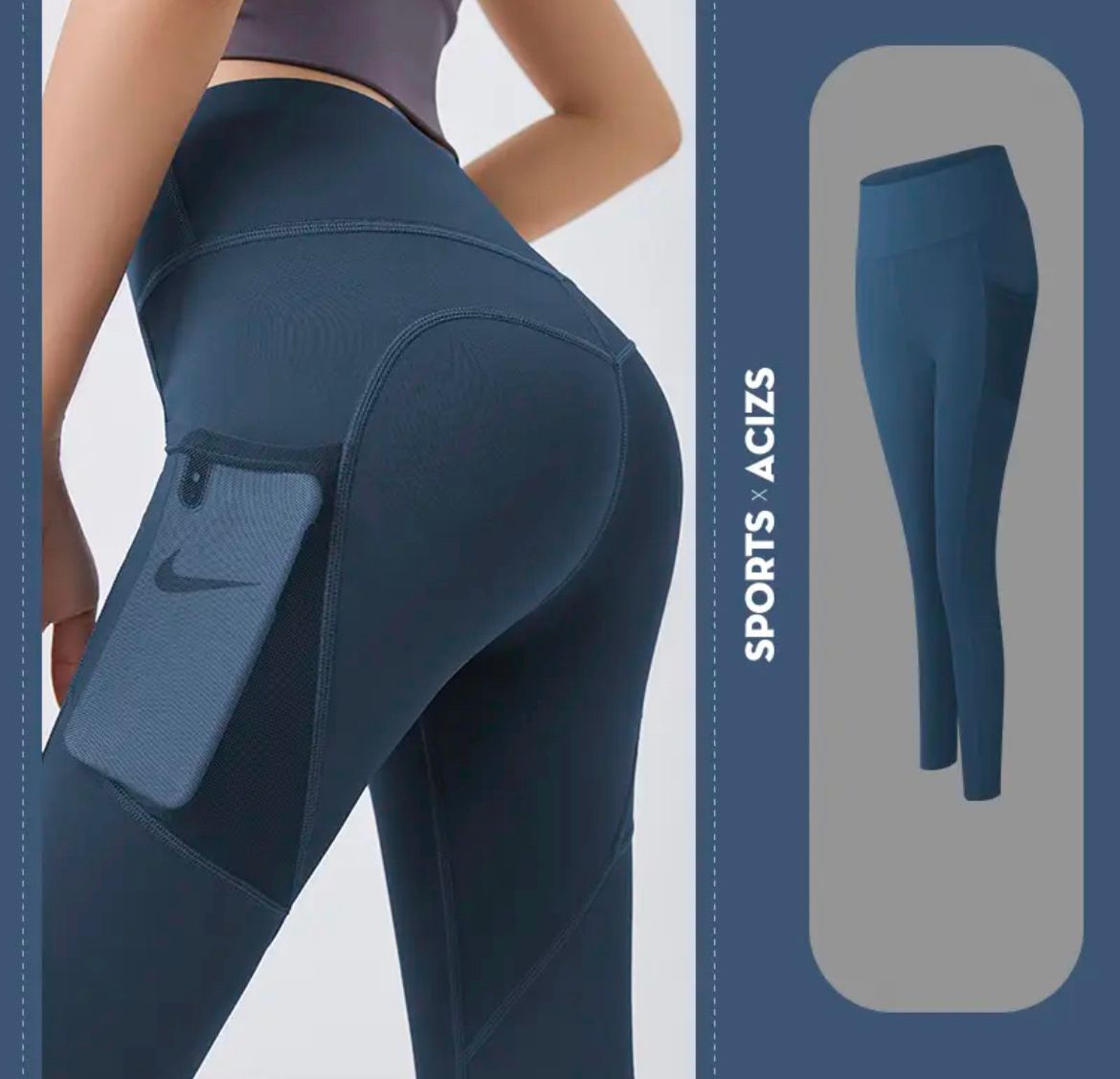 High Quality Pocket Yoga Fitness Women Tight Leggings High-elasticity Blue