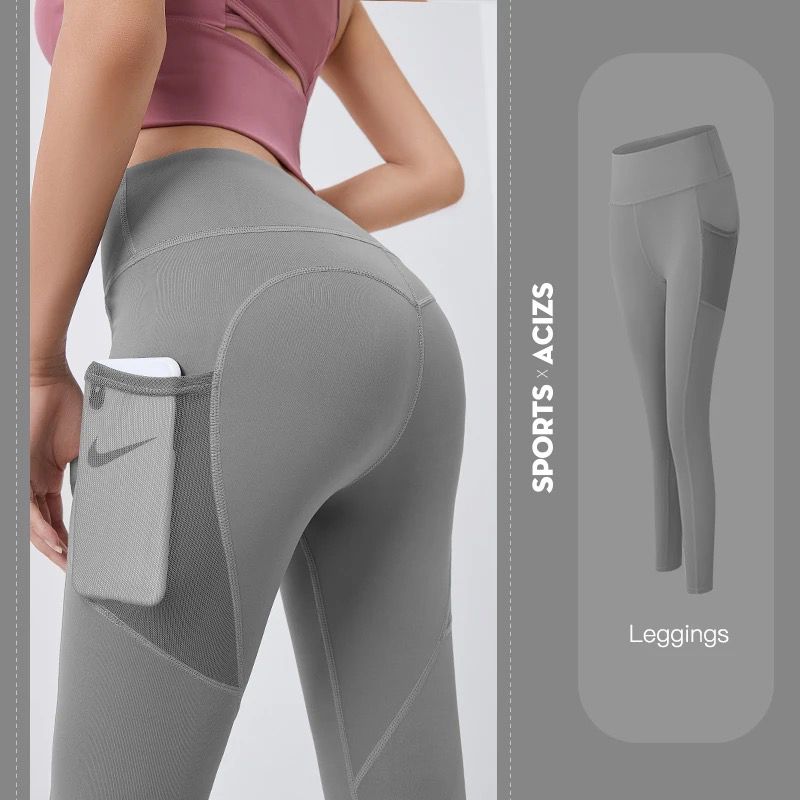 High Quality Pocket Yoga Fitness Women Tight Leggings High-elasticity Grey