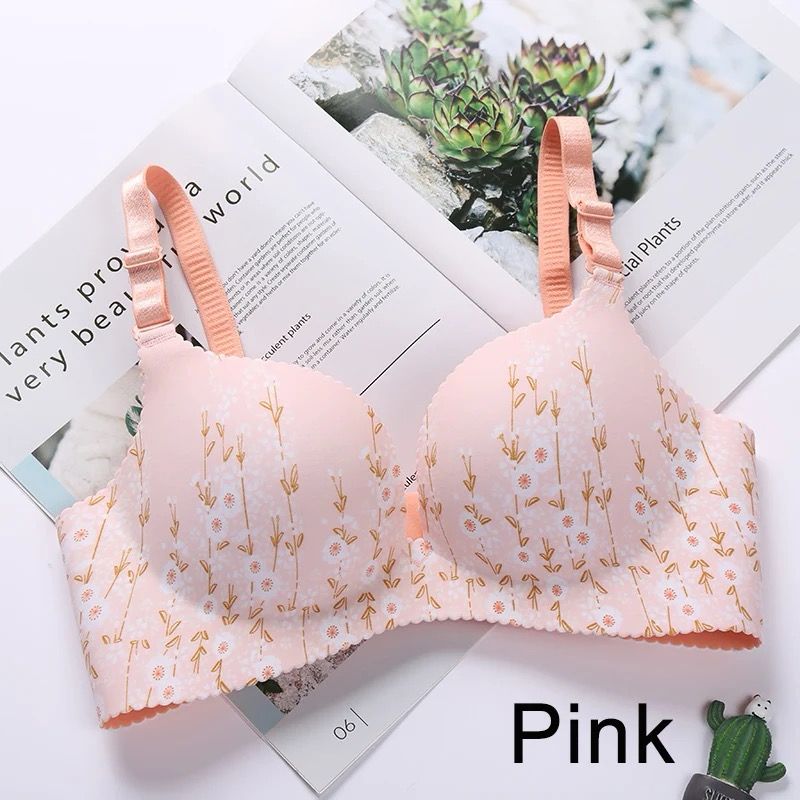 Floral Print Pushup Wire Free Bra | Seamless adjustable Shoulder Strap Four-Sluggled Buckle Underwear Gathered Bra Pink