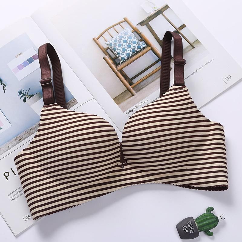 Floral Print Pushup Wire Free Bra | Seamless adjustable Shoulder Strap Four-Sluggled Buckle Underwear Gathered Bra Brown Stripes