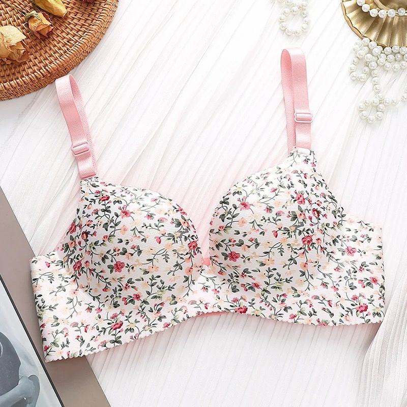 Floral Print Pushup Wire Free Bra | Seamless adjustable Shoulder Strap Four-Sluggled Buckle Underwear Gathered Bra White