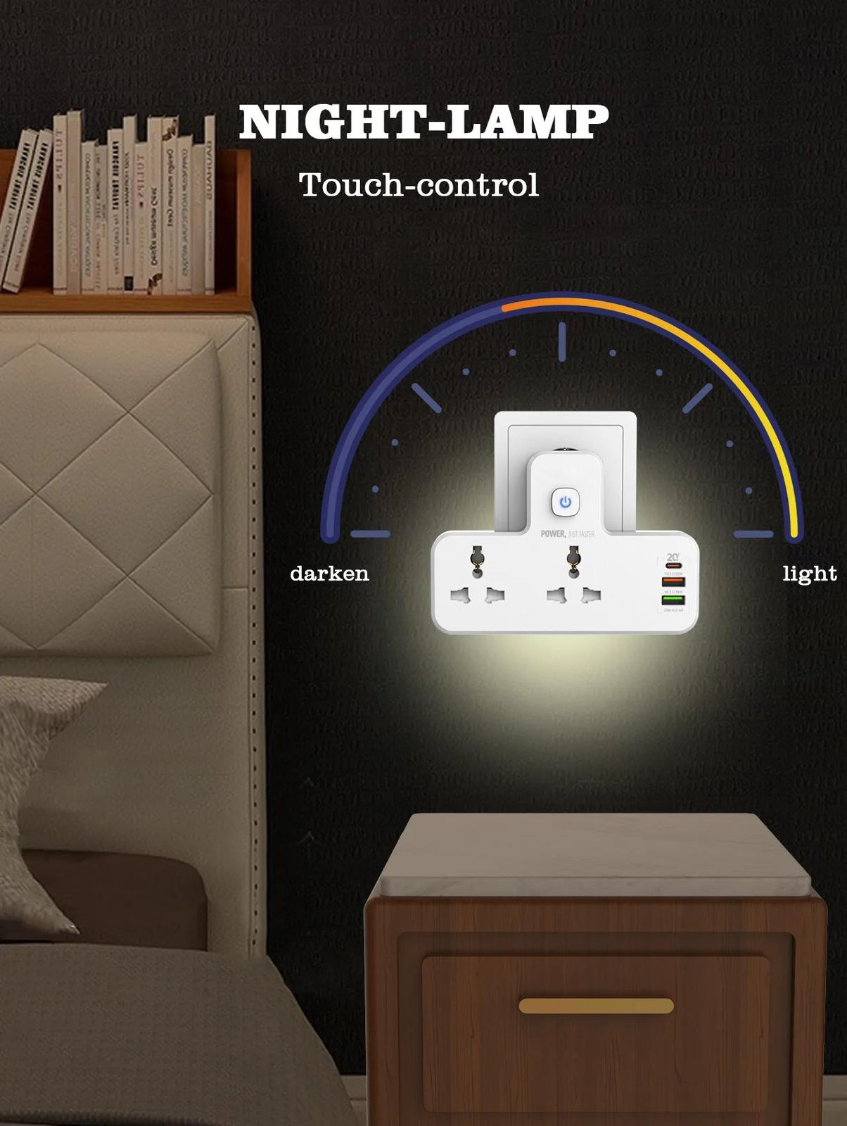 2500W 10A Extension Power Strip with USB Ports | 2 Power Socket with 20W Type C USB PD QC 3.0 Fast USB Port | Touch Night Lamp