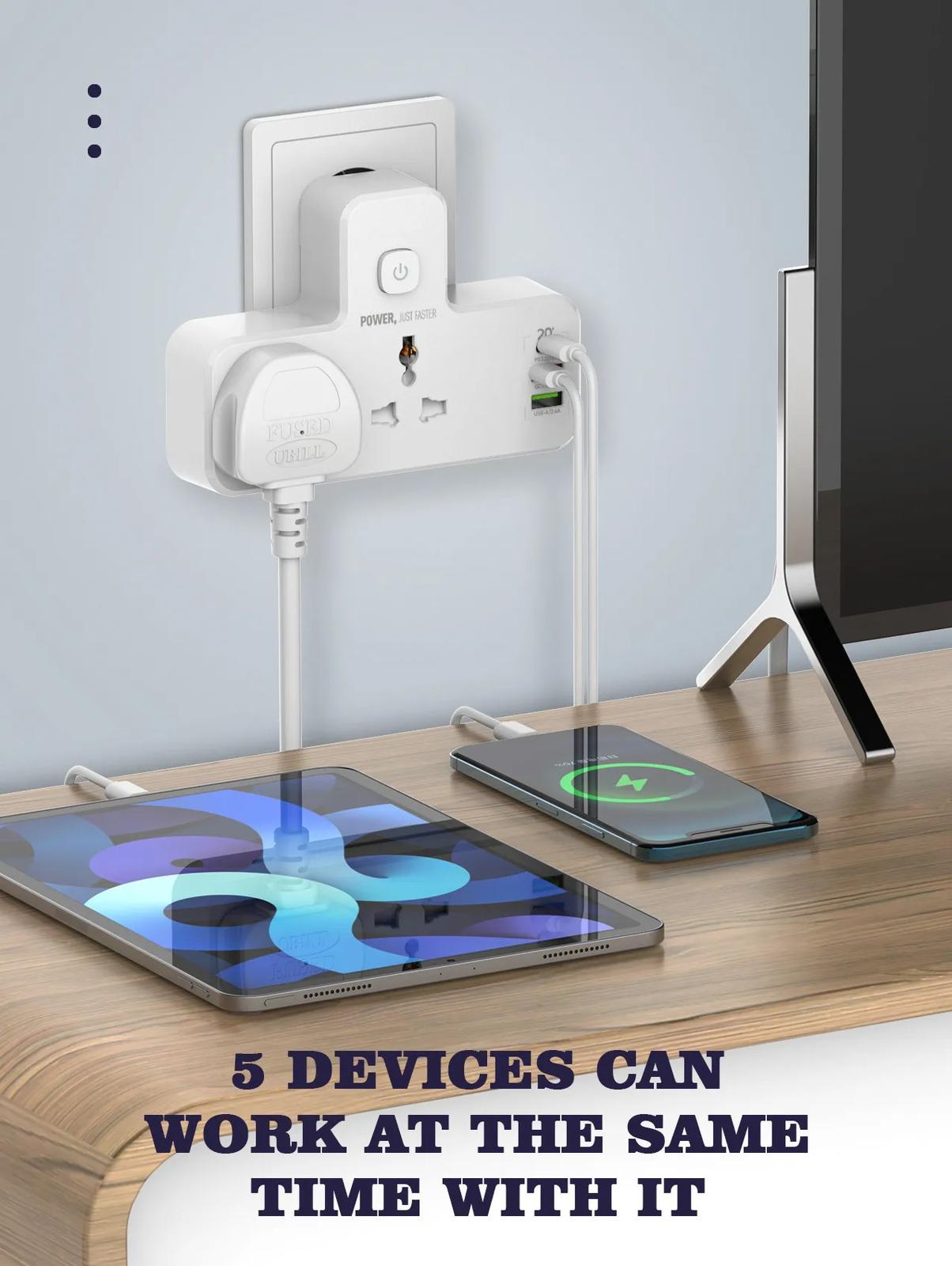 2500W 10A Extension Power Strip with USB Ports | 2 Power Socket with 20W Type C USB PD QC 3.0 Fast USB Port | Touch Night Lamp