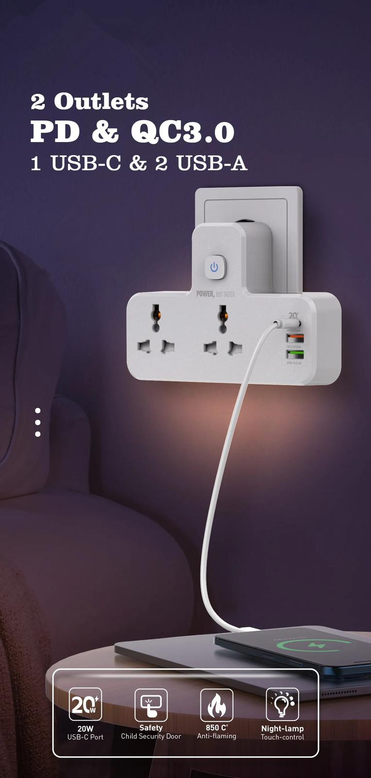 2500W 10A Extension Power Strip with USB Ports | 2 Power Socket with 20W Type C USB PD QC 3.0 Fast USB Port | Touch Night Lamp